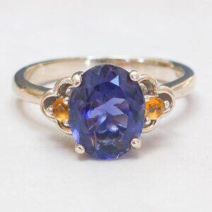 14K White Gold Iolite & Citrine Ring - 8×7 mm Oval, Alt Engagement, Size 5.75